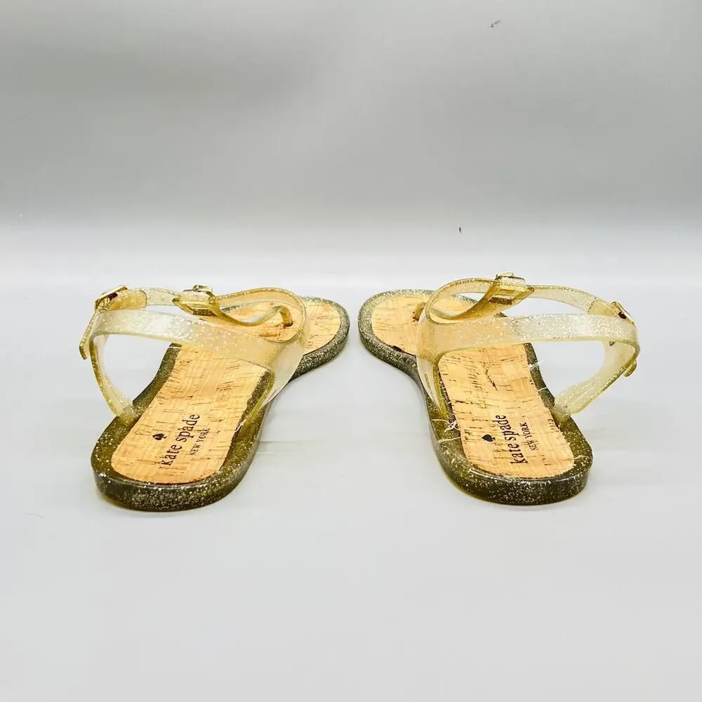 Kate Spade Sandals Womens 9 Gold Plastic Jelly Thong Ankle Strap Flat Shoes
